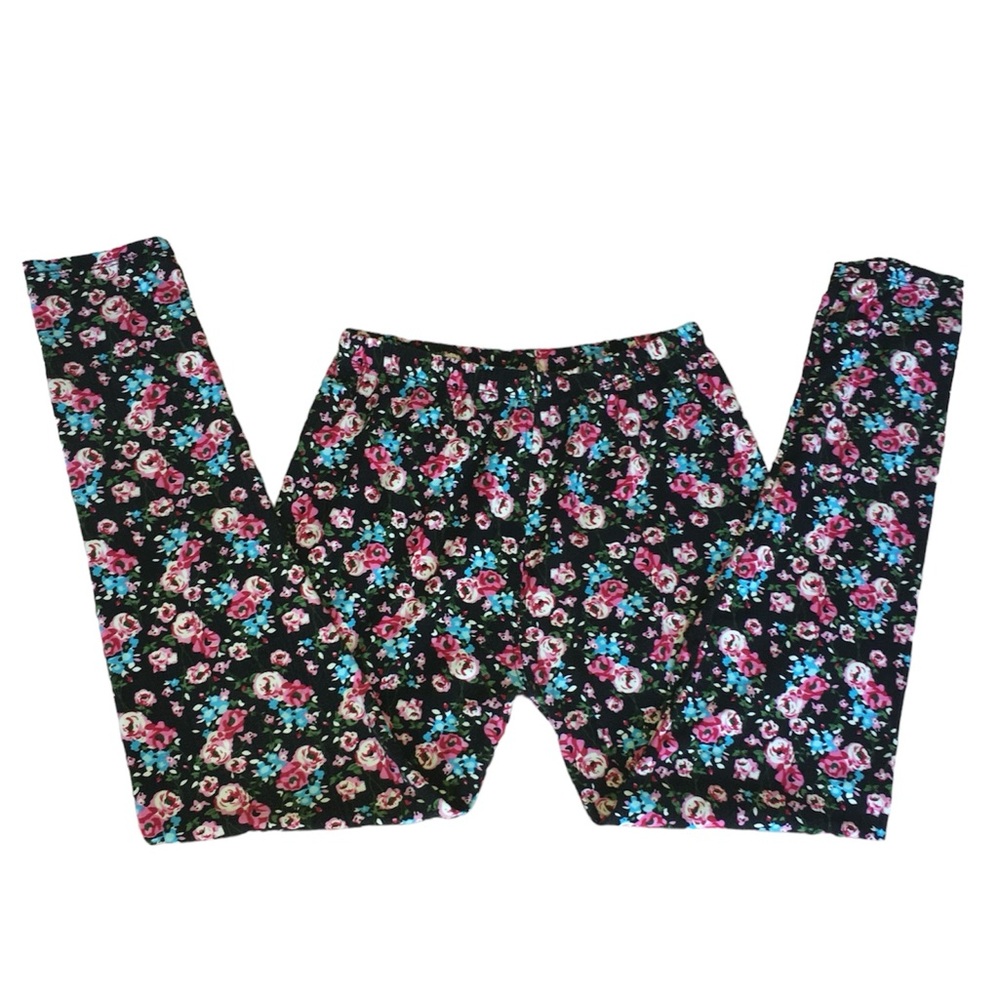 PINK & BLUE FLOWER LEGGINGS • ONE SIZE